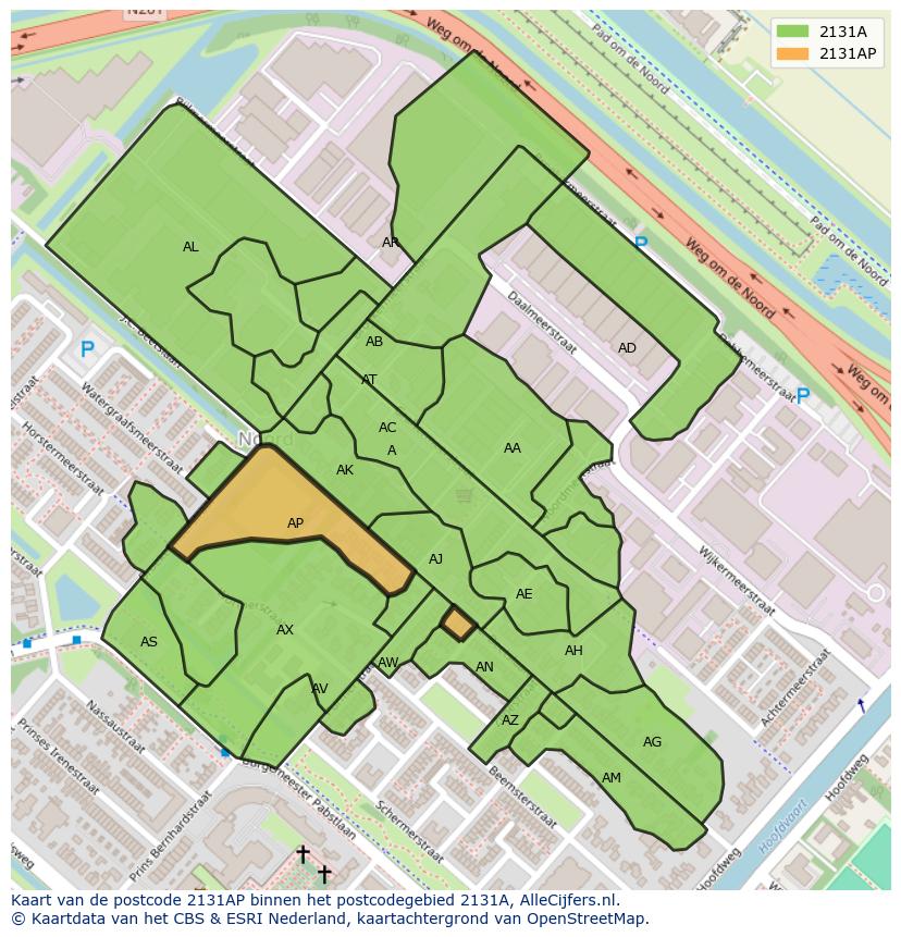 Afbeelding van het postcodegebied 2131 AP op de kaart.