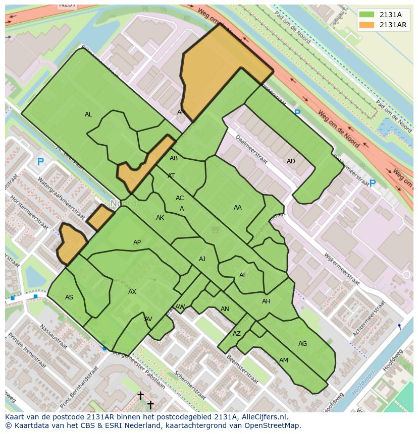 Afbeelding van het postcodegebied 2131 AR op de kaart.