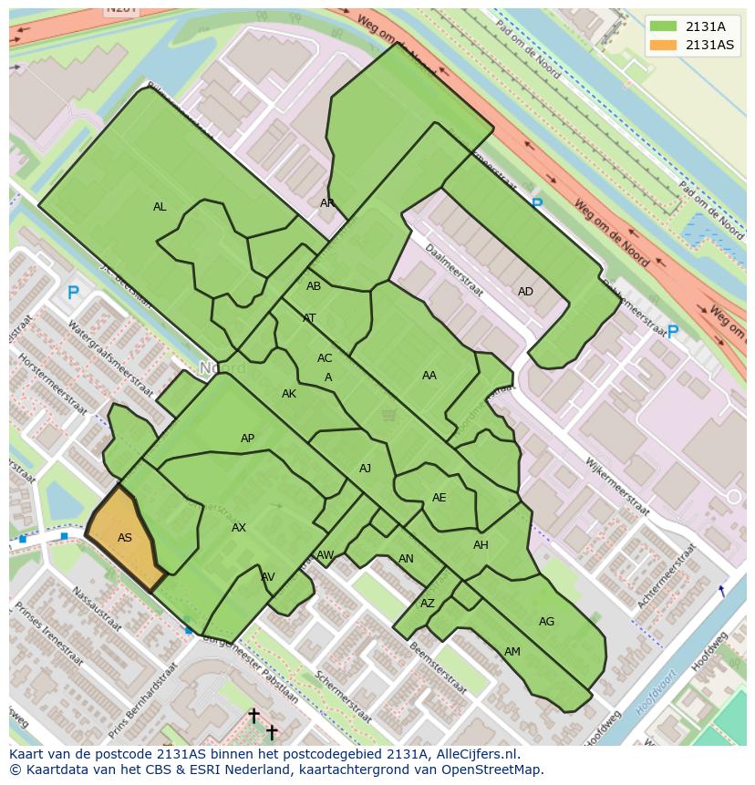 Afbeelding van het postcodegebied 2131 AS op de kaart.