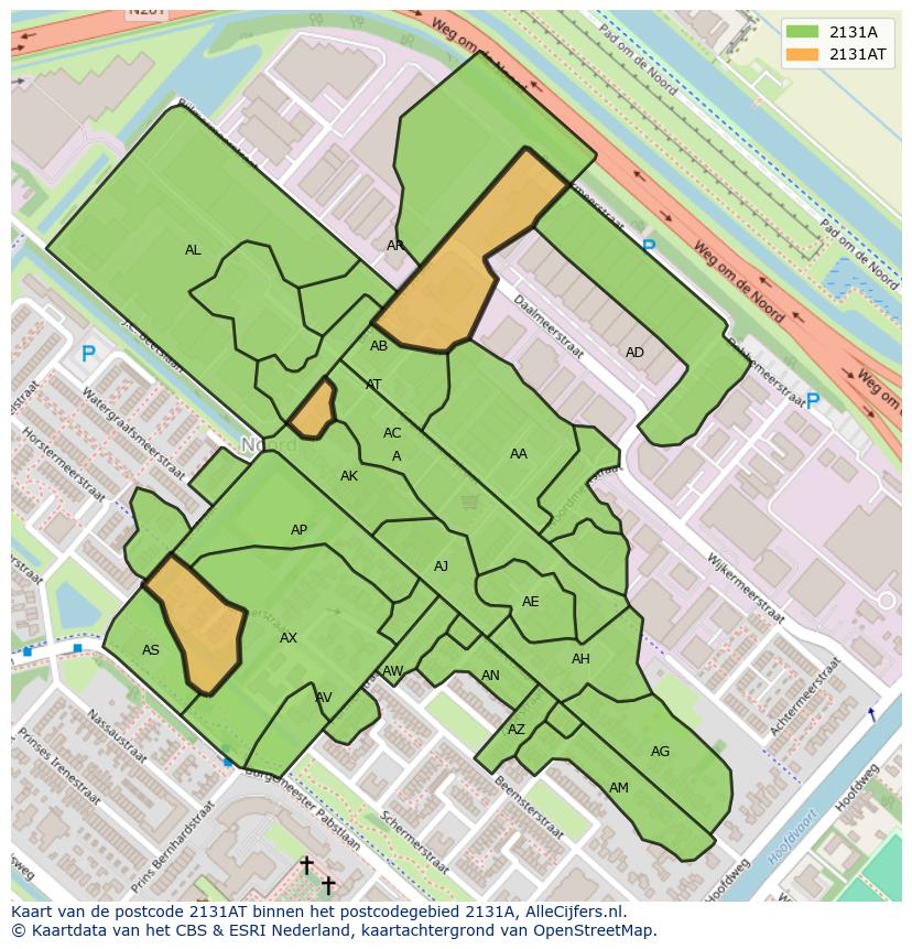 Afbeelding van het postcodegebied 2131 AT op de kaart.