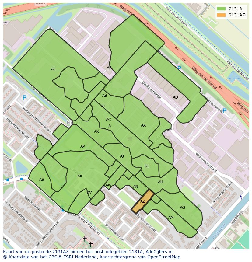 Afbeelding van het postcodegebied 2131 AZ op de kaart.