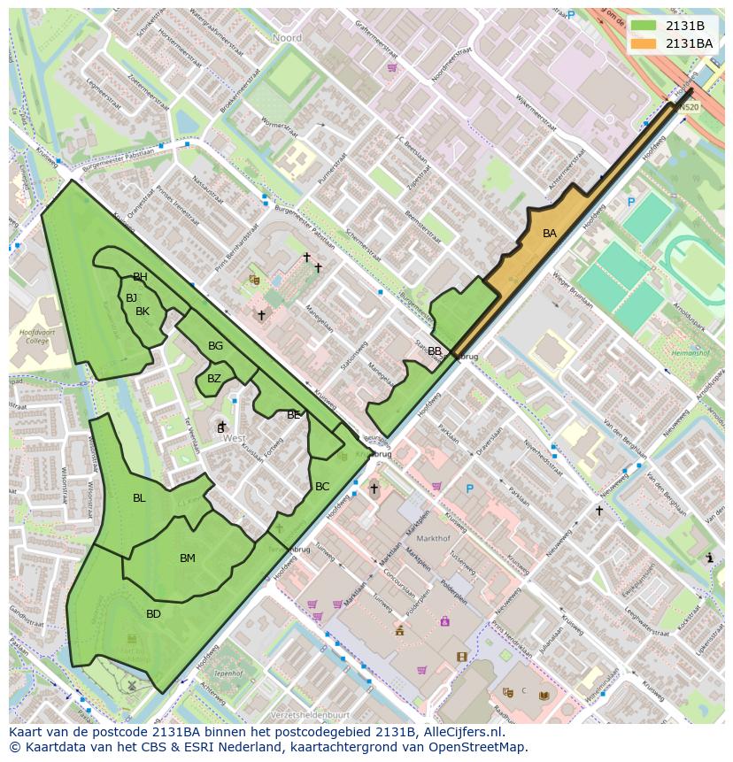 Afbeelding van het postcodegebied 2131 BA op de kaart.