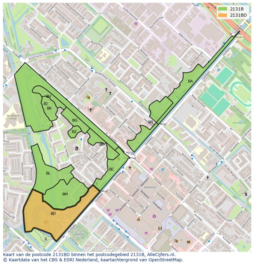 Afbeelding van het postcodegebied 2131 BD op de kaart.