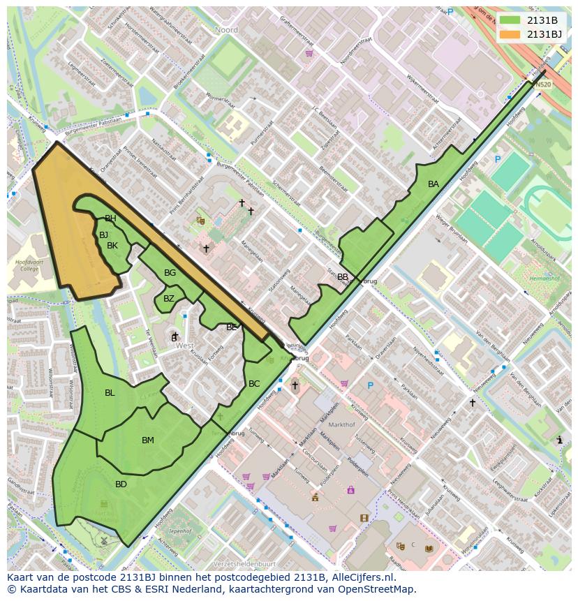Afbeelding van het postcodegebied 2131 BJ op de kaart.