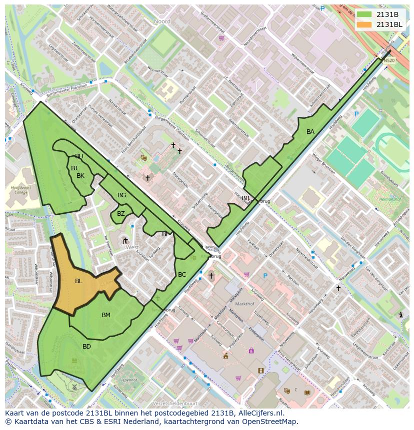Afbeelding van het postcodegebied 2131 BL op de kaart.