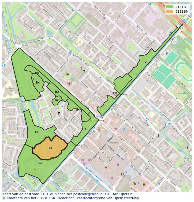 Afbeelding van het postcodegebied 2131 BM op de kaart.