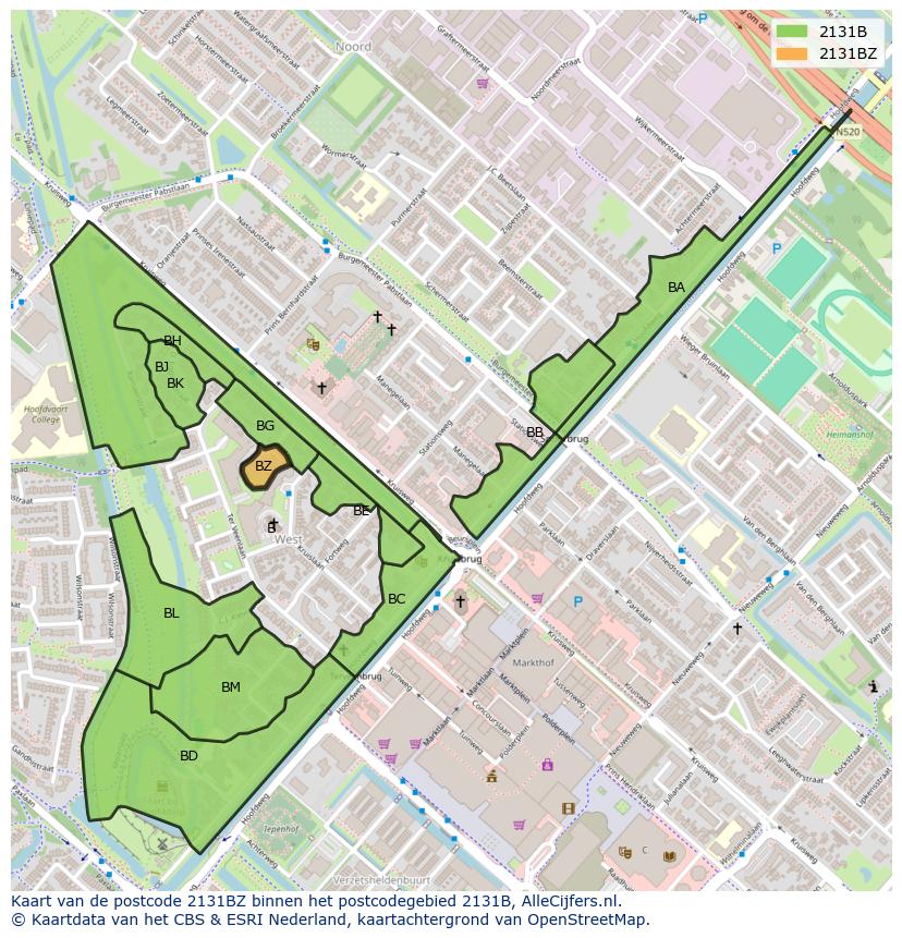 Afbeelding van het postcodegebied 2131 BZ op de kaart.