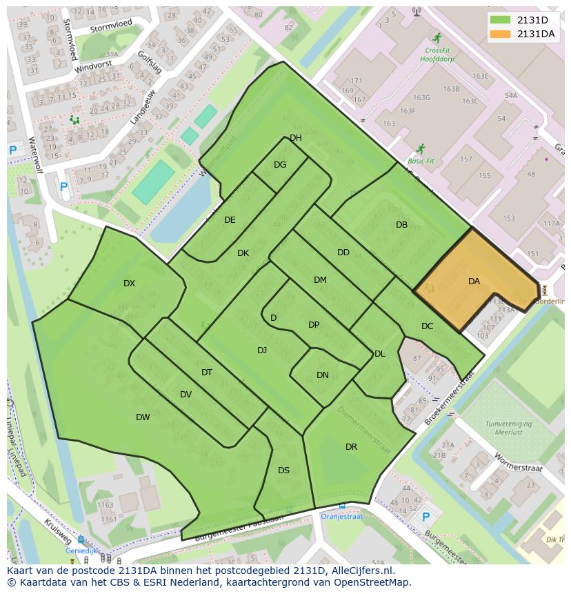Afbeelding van het postcodegebied 2131 DA op de kaart.