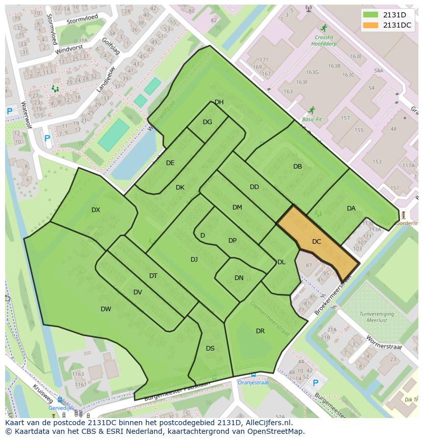 Afbeelding van het postcodegebied 2131 DC op de kaart.