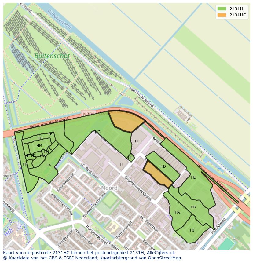 Afbeelding van het postcodegebied 2131 HC op de kaart.