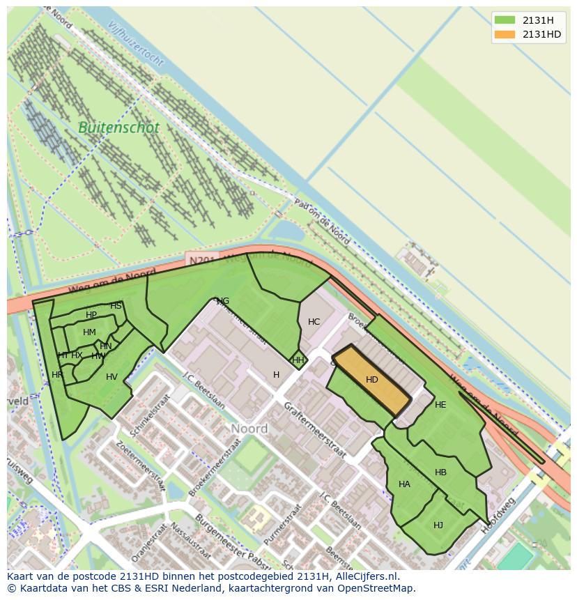 Afbeelding van het postcodegebied 2131 HD op de kaart.