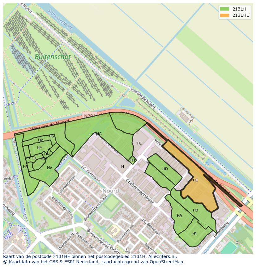 Afbeelding van het postcodegebied 2131 HE op de kaart.