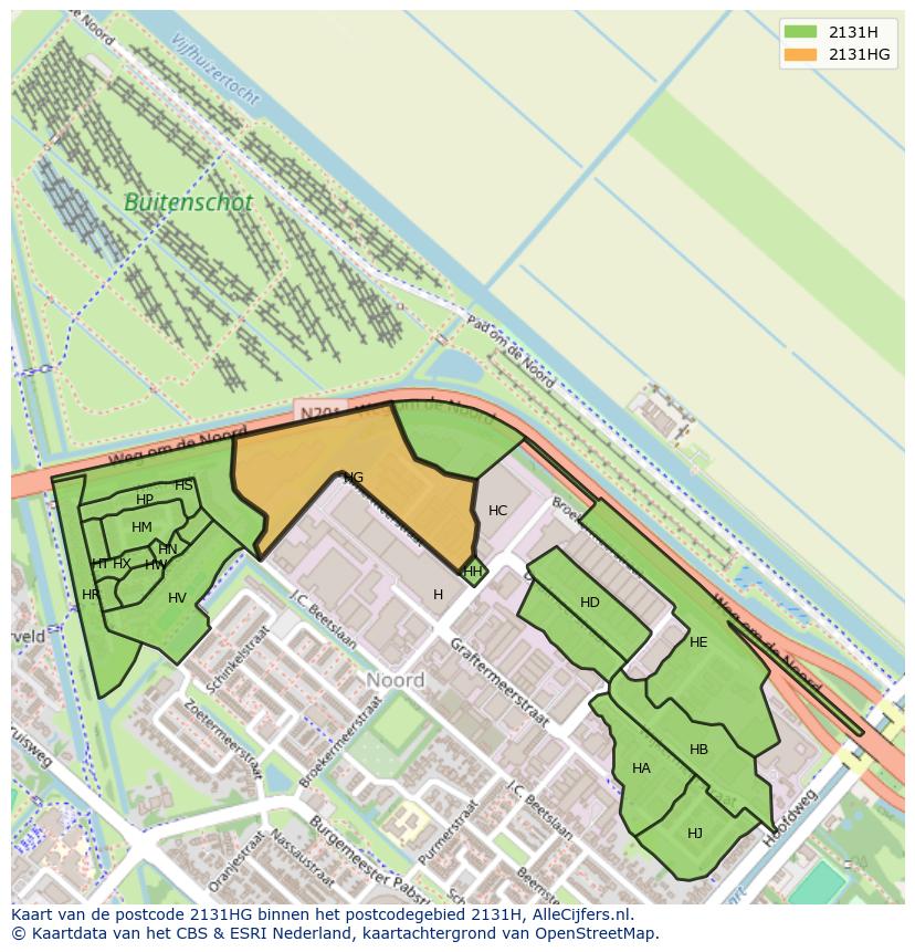 Afbeelding van het postcodegebied 2131 HG op de kaart.