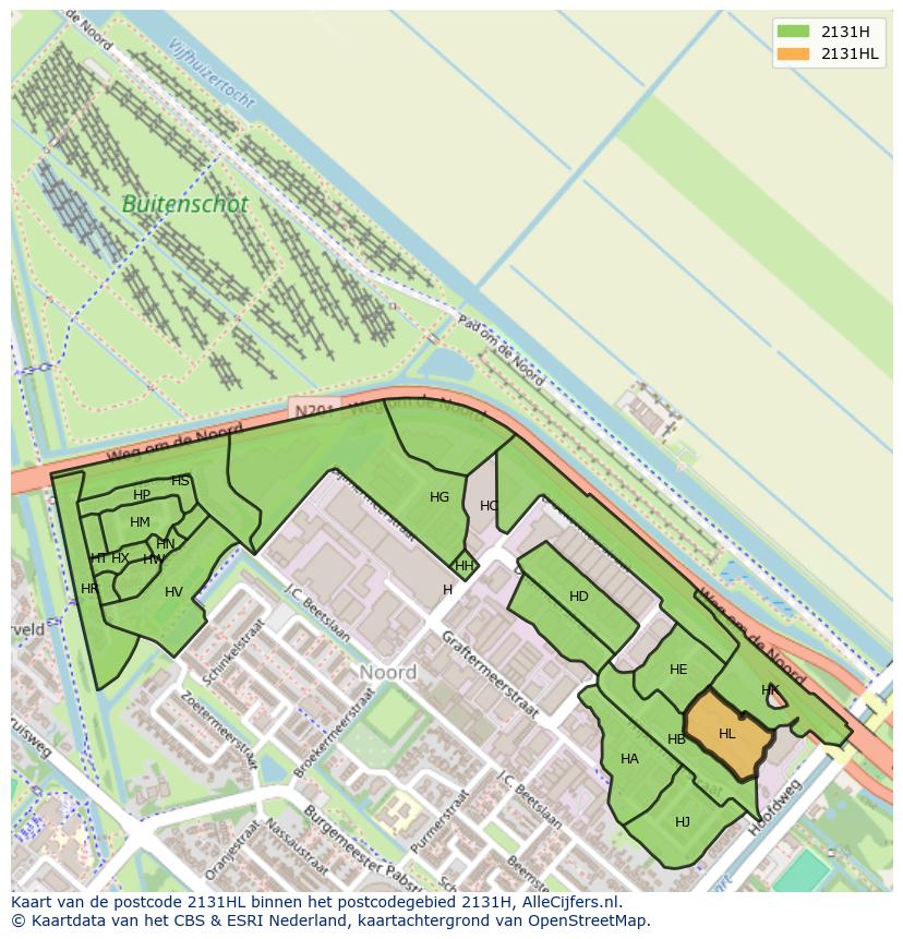 Afbeelding van het postcodegebied 2131 HL op de kaart.