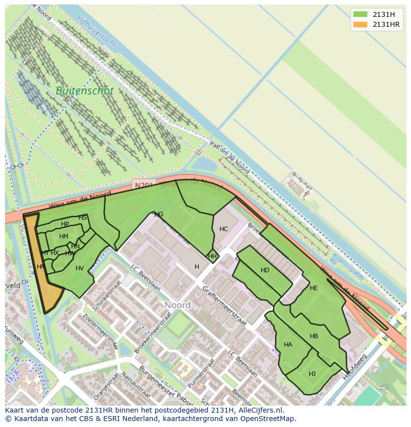 Afbeelding van het postcodegebied 2131 HR op de kaart.
