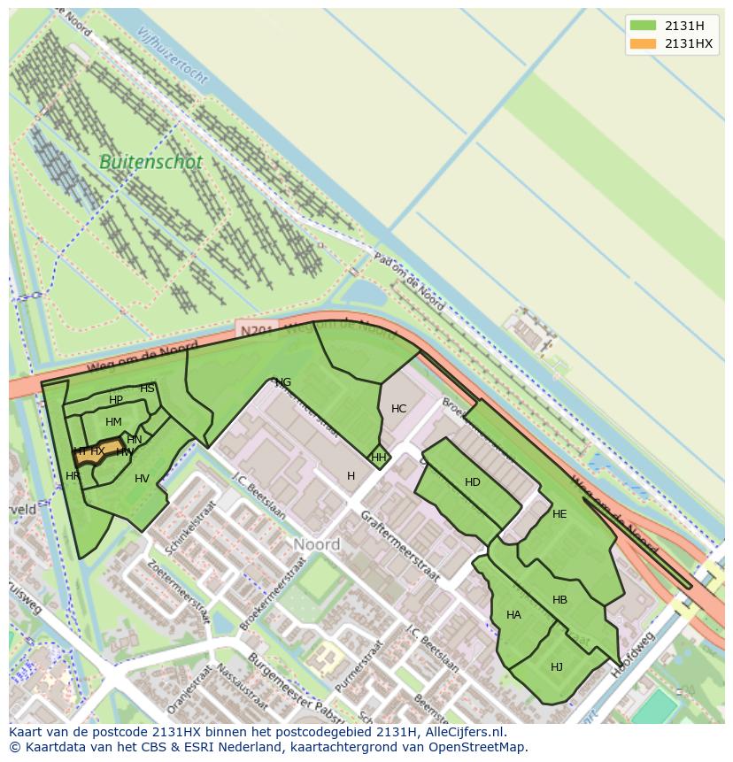 Afbeelding van het postcodegebied 2131 HX op de kaart.