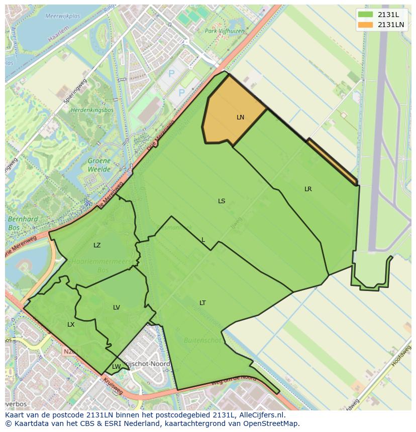 Afbeelding van het postcodegebied 2131 LN op de kaart.