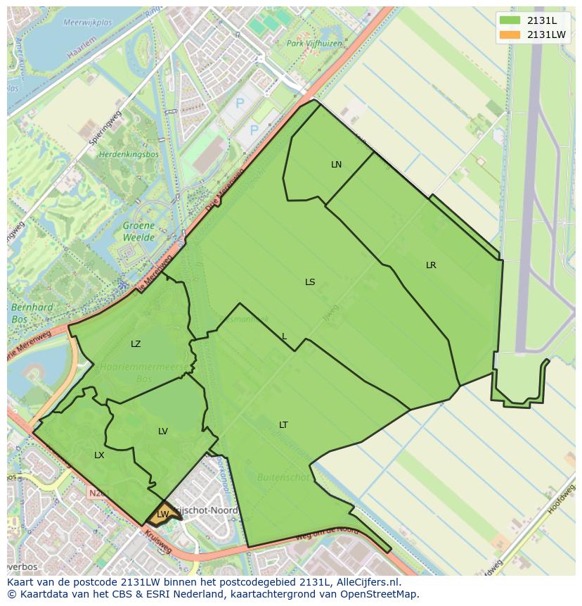 Afbeelding van het postcodegebied 2131 LW op de kaart.