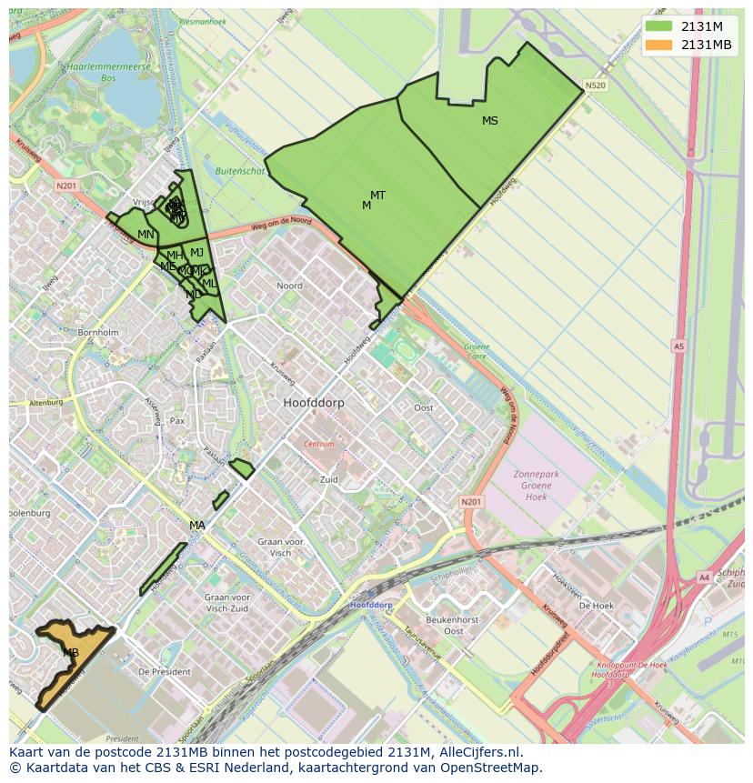 Afbeelding van het postcodegebied 2131 MB op de kaart.