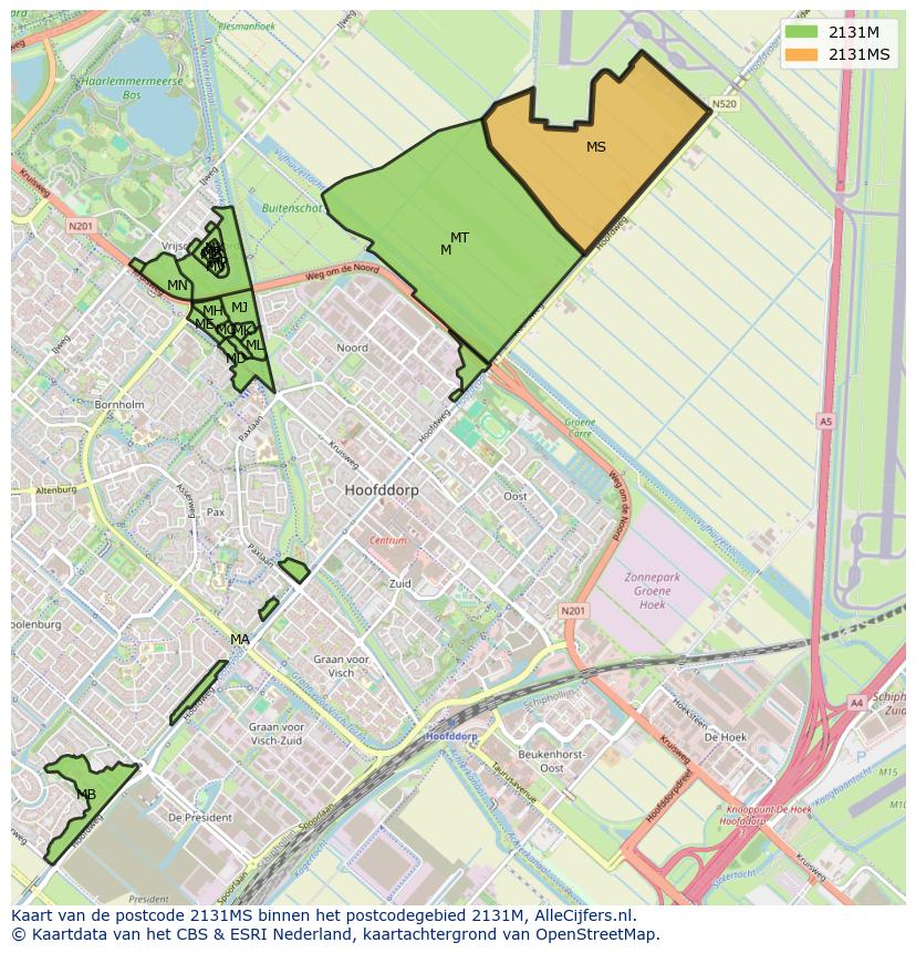 Afbeelding van het postcodegebied 2131 MS op de kaart.