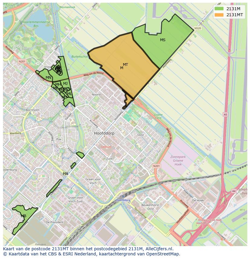 Afbeelding van het postcodegebied 2131 MT op de kaart.