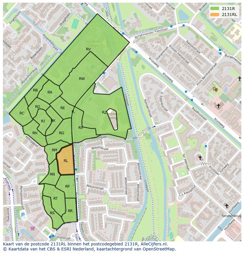 Afbeelding van het postcodegebied 2131 RL op de kaart.