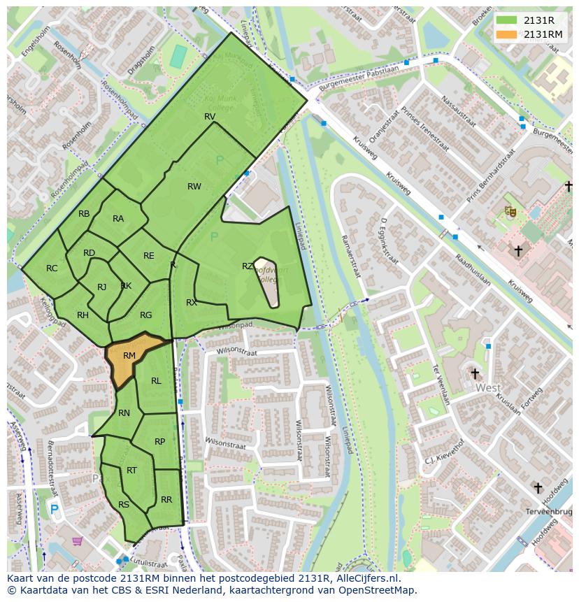 Afbeelding van het postcodegebied 2131 RM op de kaart.