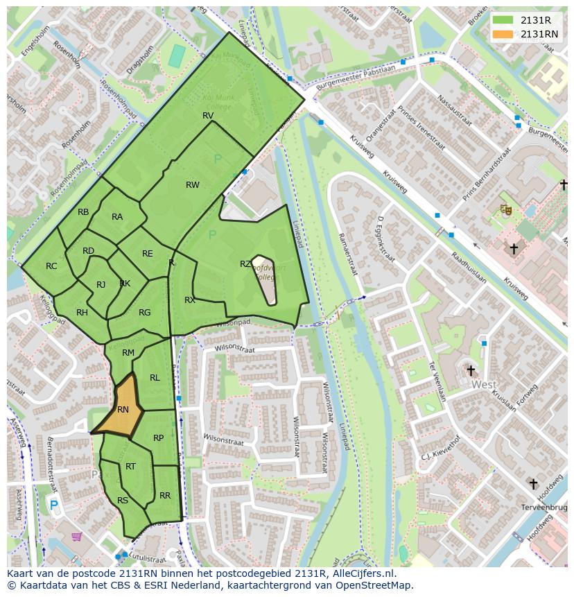 Afbeelding van het postcodegebied 2131 RN op de kaart.