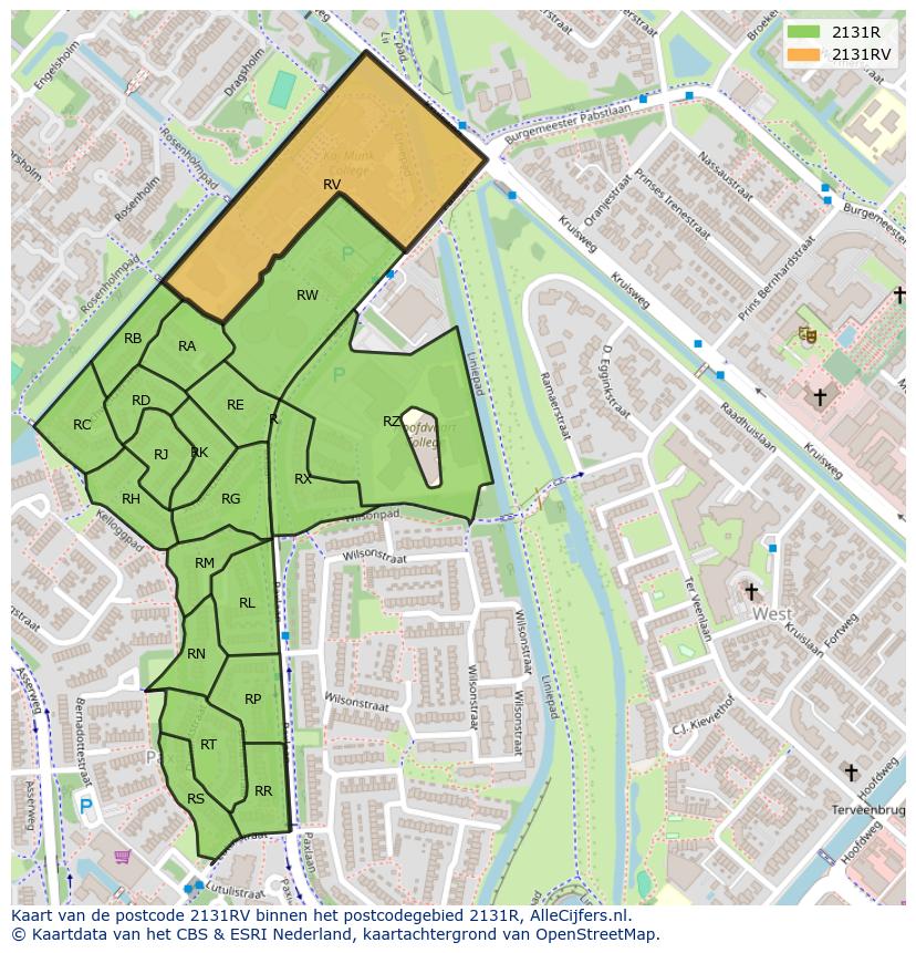 Afbeelding van het postcodegebied 2131 RV op de kaart.