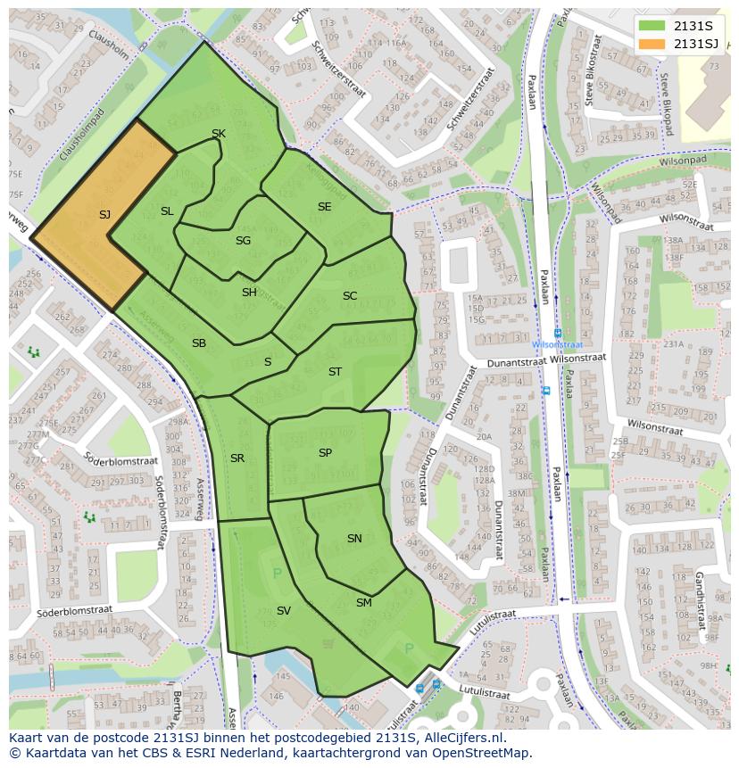 Afbeelding van het postcodegebied 2131 SJ op de kaart.