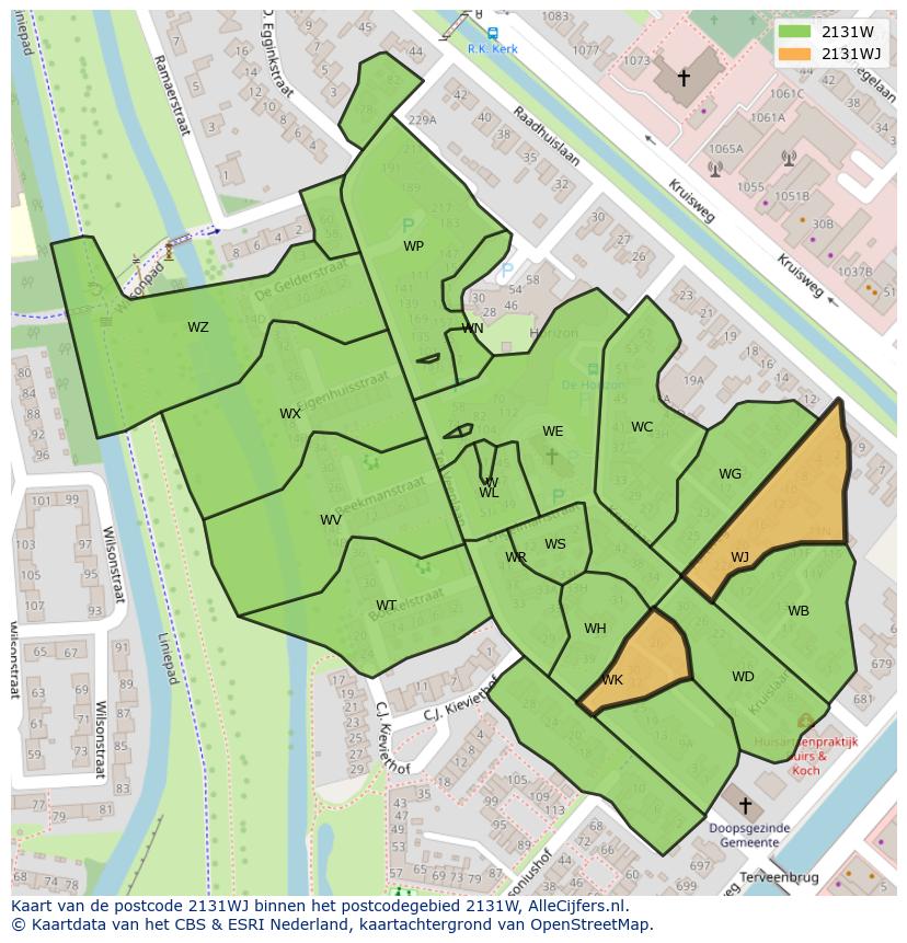Afbeelding van het postcodegebied 2131 WJ op de kaart.