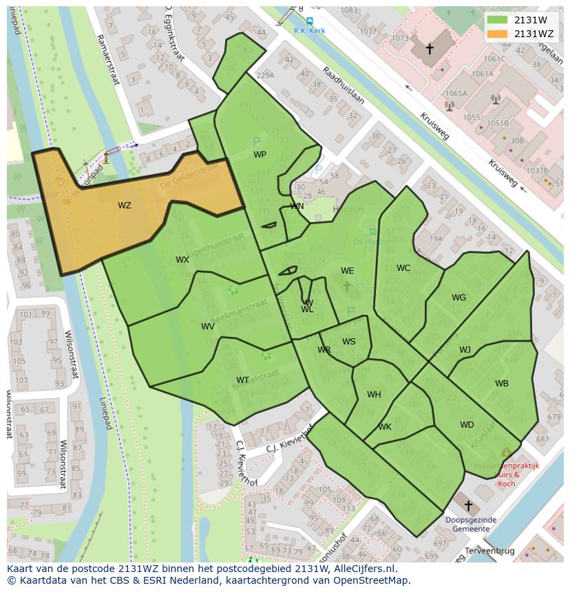Afbeelding van het postcodegebied 2131 WZ op de kaart.