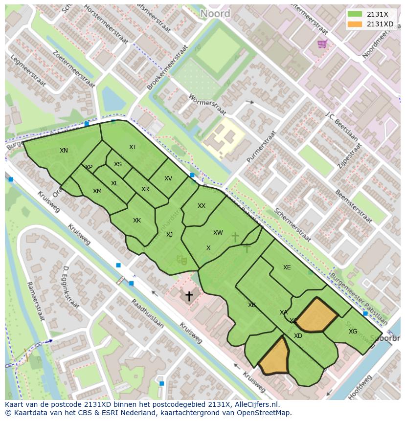 Afbeelding van het postcodegebied 2131 XD op de kaart.