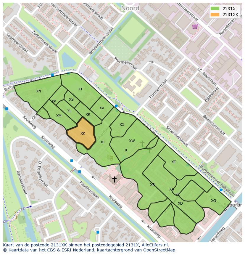 Afbeelding van het postcodegebied 2131 XK op de kaart.