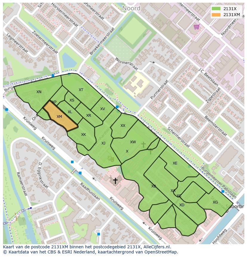 Afbeelding van het postcodegebied 2131 XM op de kaart.