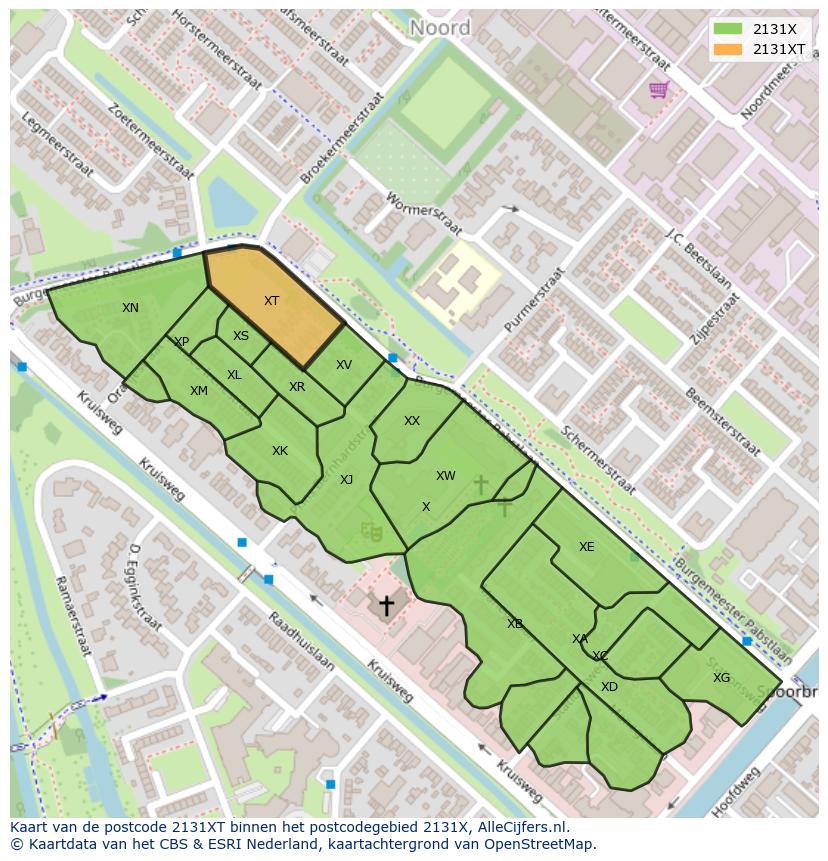 Afbeelding van het postcodegebied 2131 XT op de kaart.