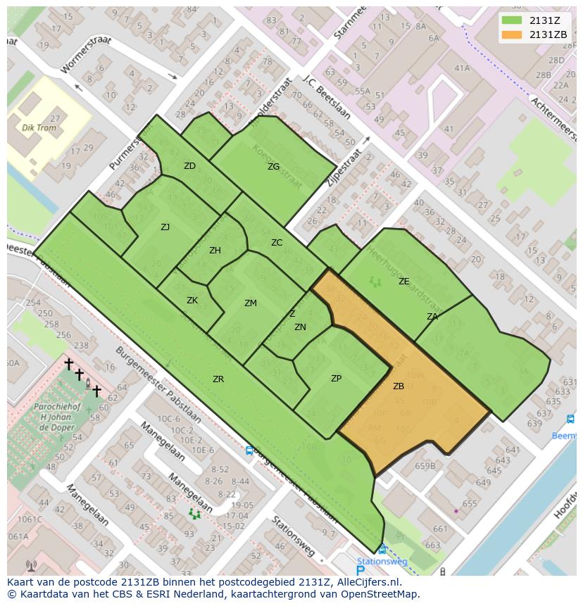 Afbeelding van het postcodegebied 2131 ZB op de kaart.
