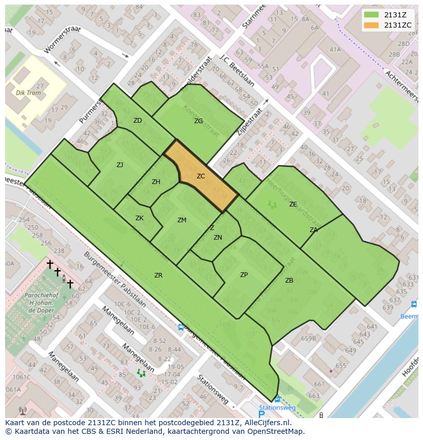 Afbeelding van het postcodegebied 2131 ZC op de kaart.
