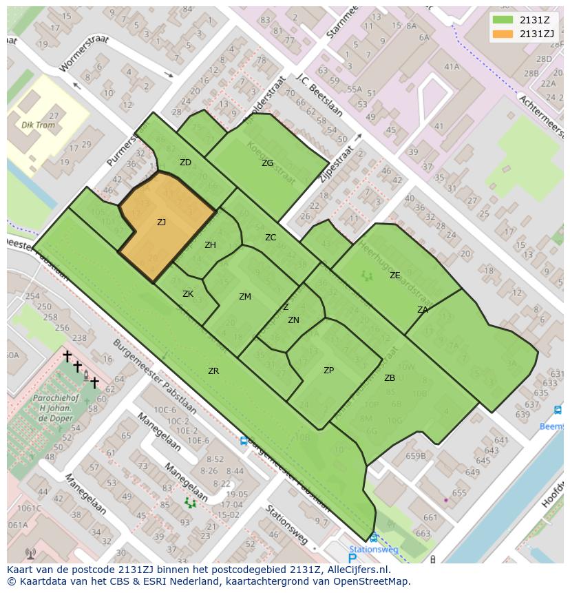 Afbeelding van het postcodegebied 2131 ZJ op de kaart.