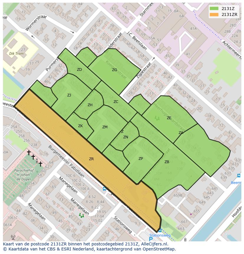 Afbeelding van het postcodegebied 2131 ZR op de kaart.