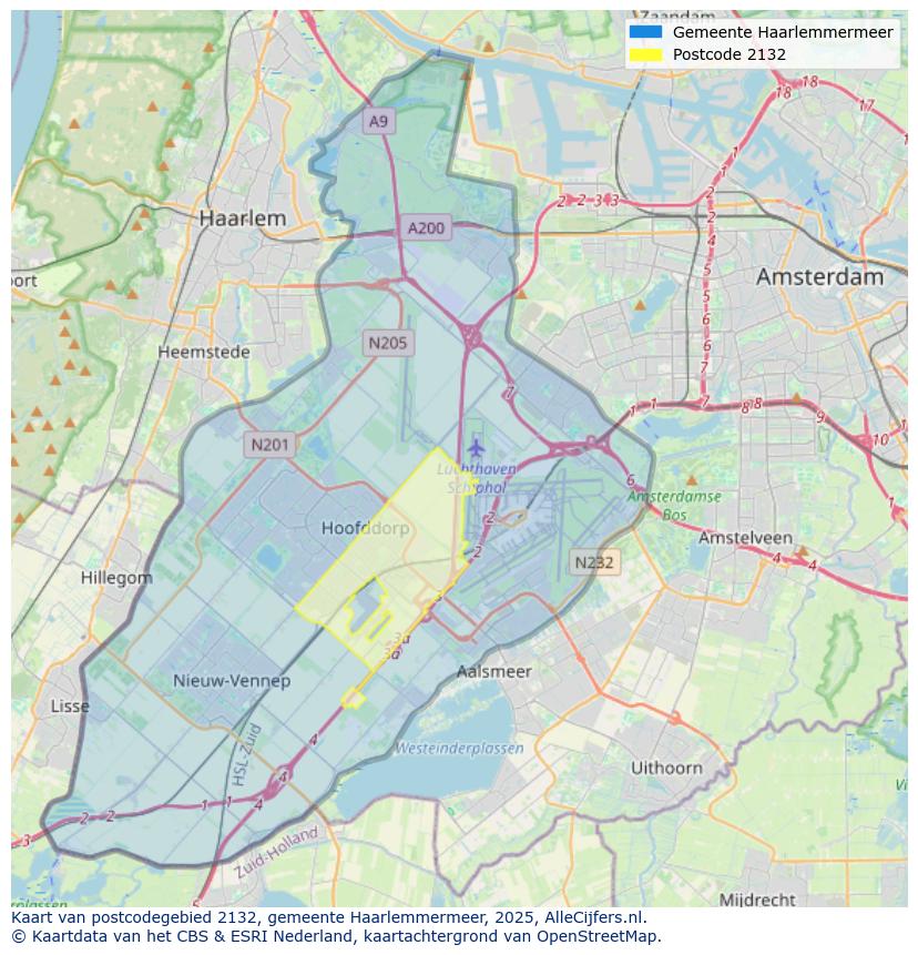 Afbeelding van het postcodegebied 2132 op de kaart.