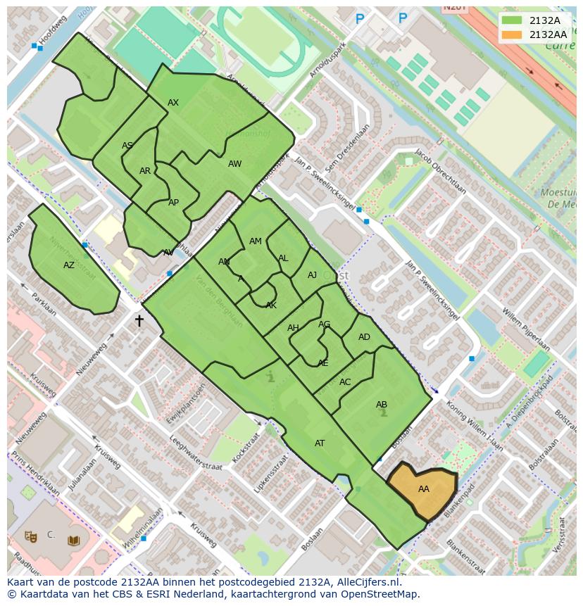 Afbeelding van het postcodegebied 2132 AA op de kaart.