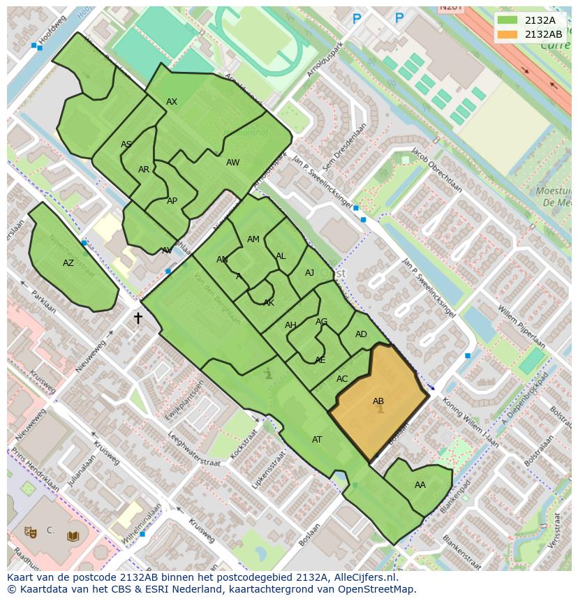 Afbeelding van het postcodegebied 2132 AB op de kaart.