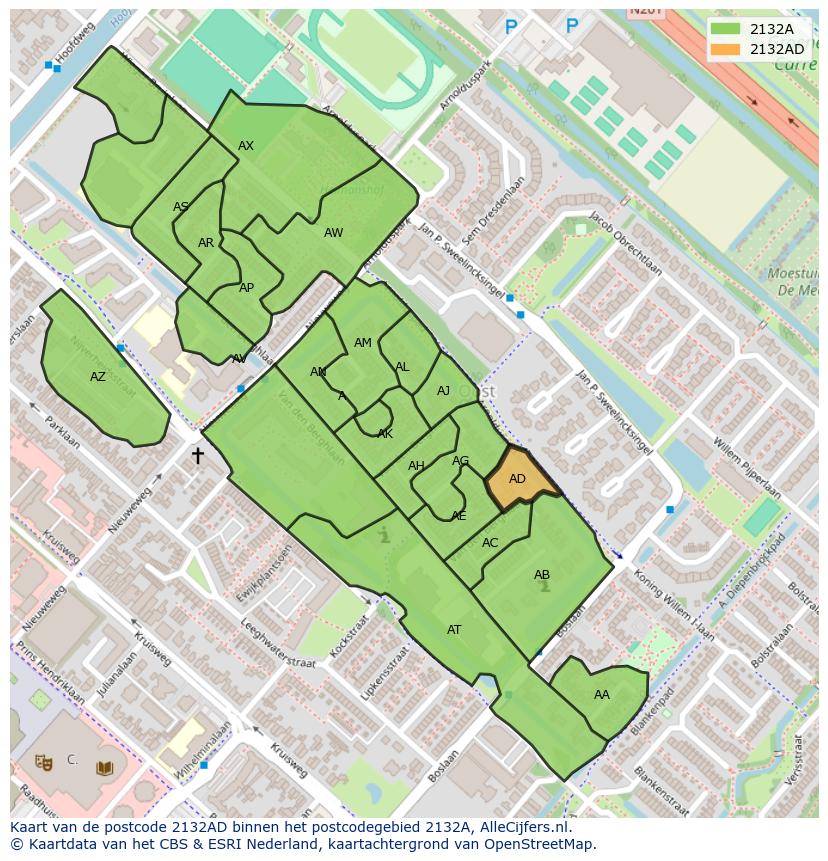 Afbeelding van het postcodegebied 2132 AD op de kaart.