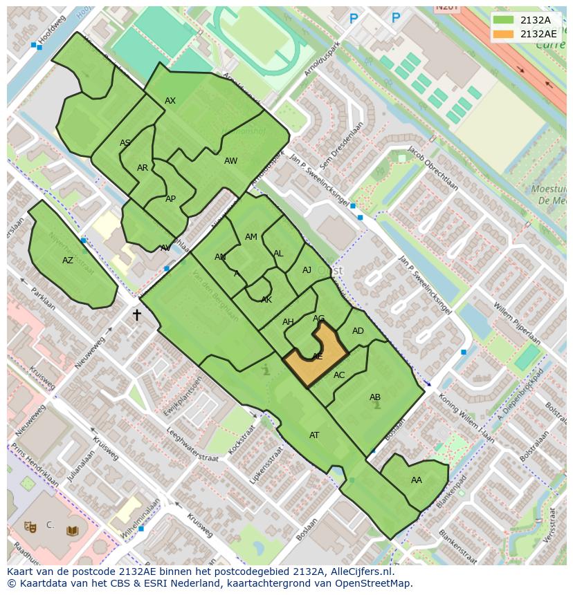 Afbeelding van het postcodegebied 2132 AE op de kaart.