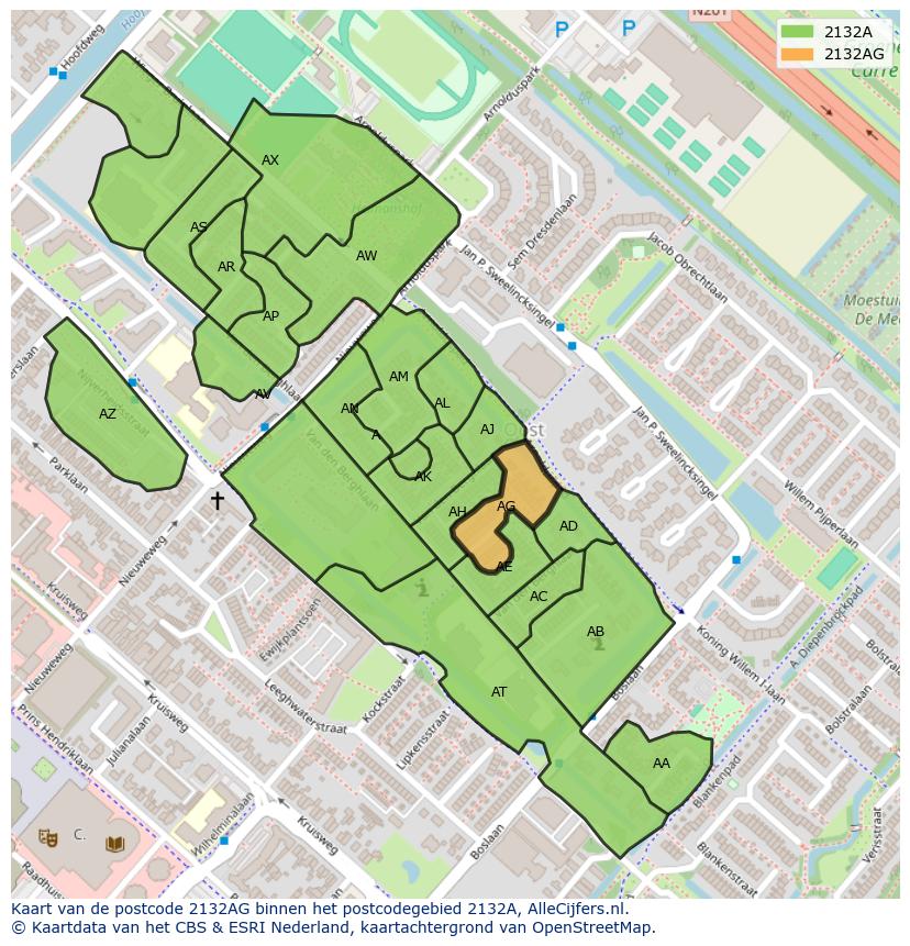 Afbeelding van het postcodegebied 2132 AG op de kaart.
