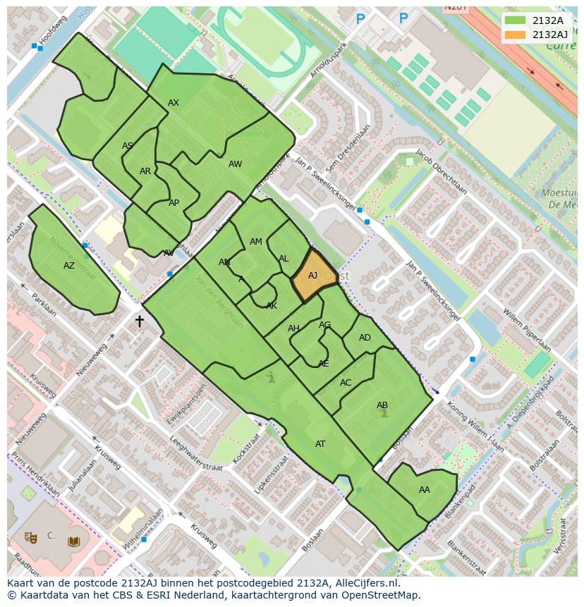 Afbeelding van het postcodegebied 2132 AJ op de kaart.