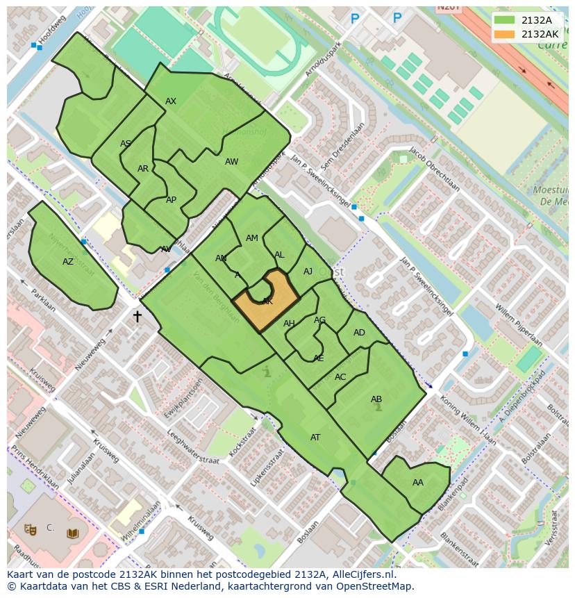 Afbeelding van het postcodegebied 2132 AK op de kaart.