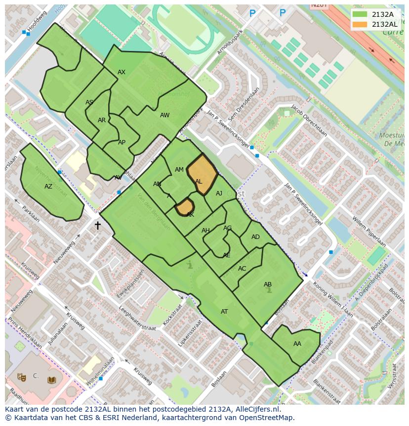 Afbeelding van het postcodegebied 2132 AL op de kaart.