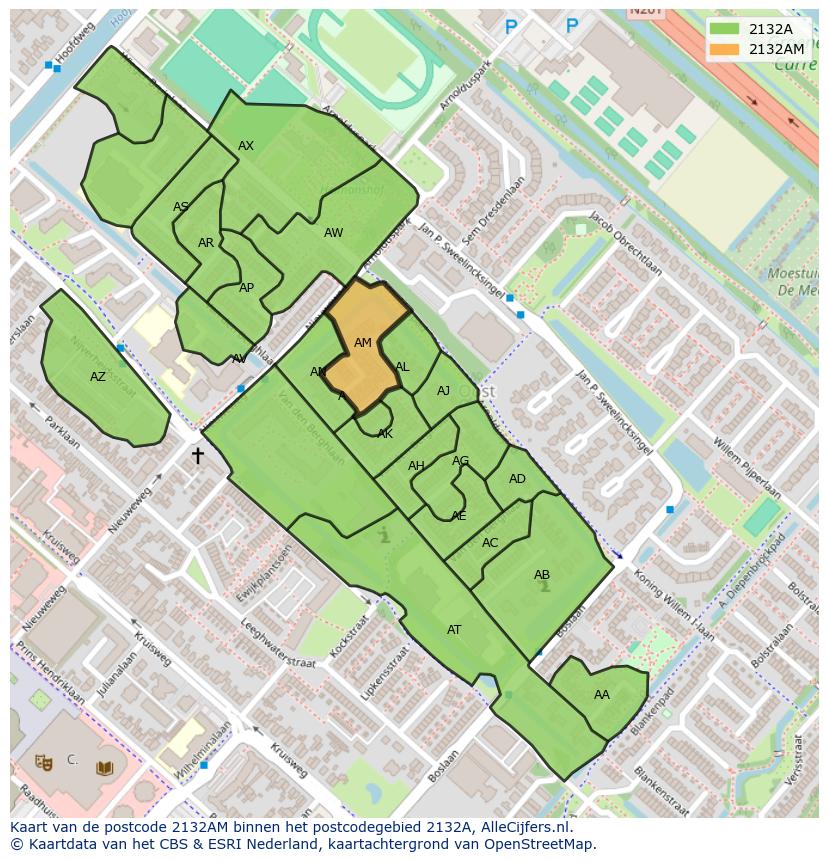 Afbeelding van het postcodegebied 2132 AM op de kaart.